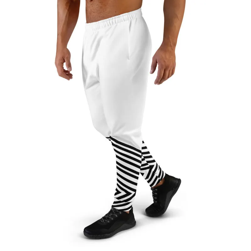 Black White Striped Men's Joggers, Diagonal Stripes Modern Minimalist Sweatpants-Made in EU