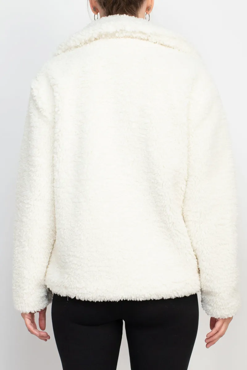 Collared V-neck Long Sleeve Zipper Front Sherpa Jacket