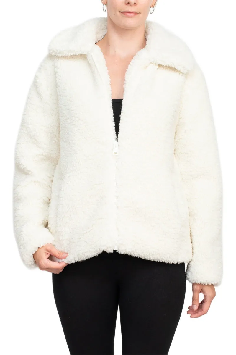 Collared V-neck Long Sleeve Zipper Front Sherpa Jacket