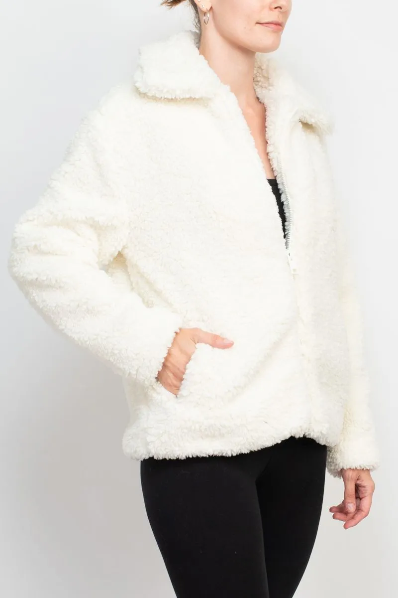 Collared V-neck Long Sleeve Zipper Front Sherpa Jacket