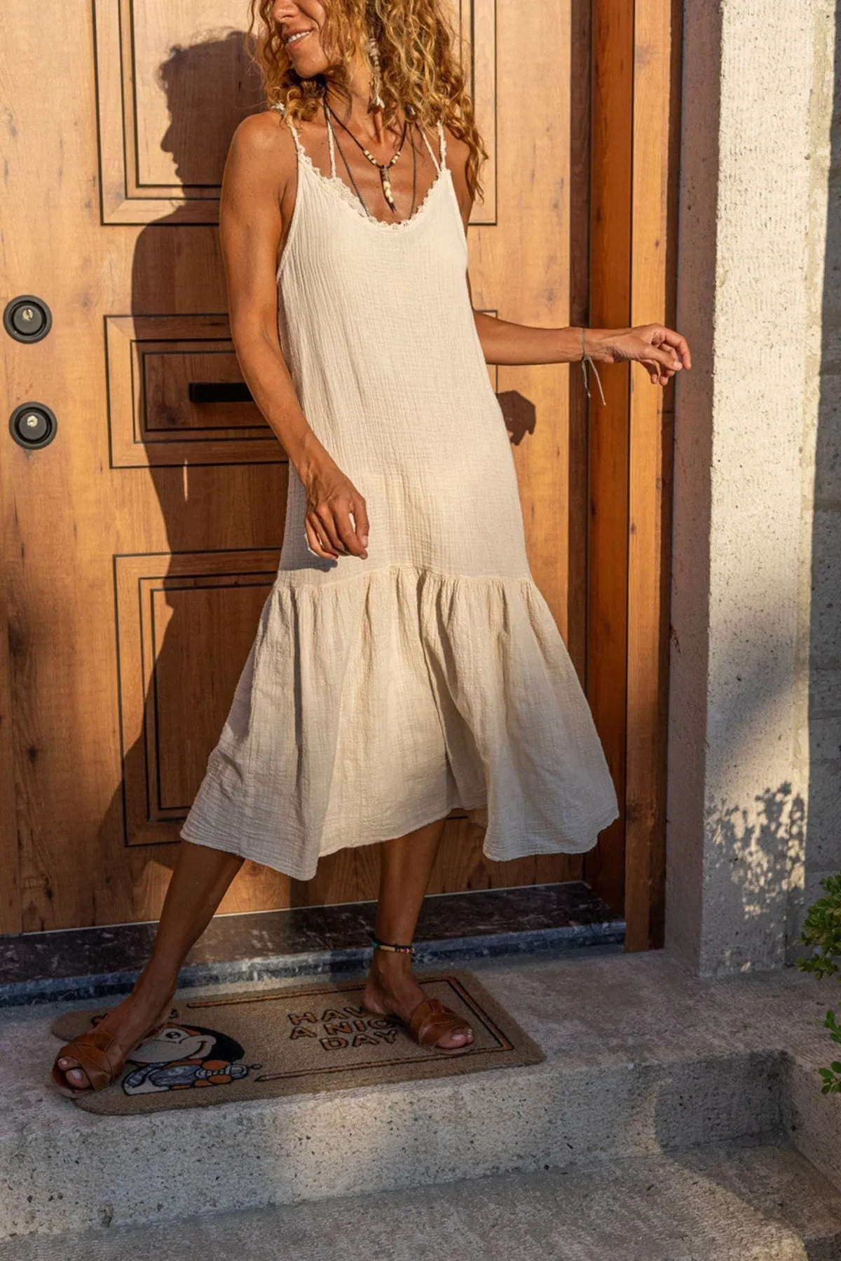Green Scalloped Halter Skirt Pleated Loose Linen Dress Boho Dress,Maxi Dress,Spaghetti Strap Dress-Boho Wear Womens Dress-Casual Dress