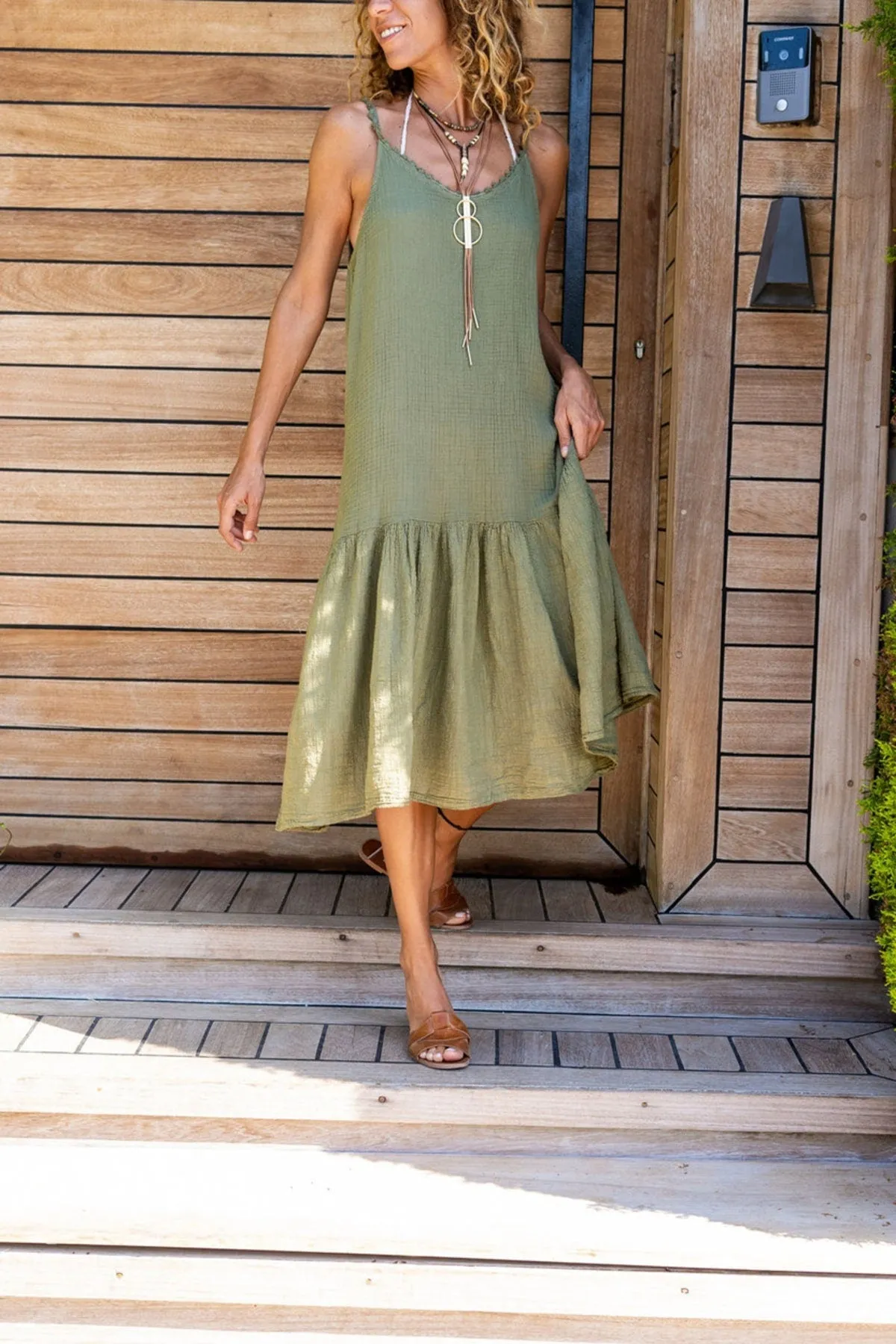 Green Scalloped Halter Skirt Pleated Loose Linen Dress Boho Dress,Maxi Dress,Spaghetti Strap Dress-Boho Wear Womens Dress-Casual Dress