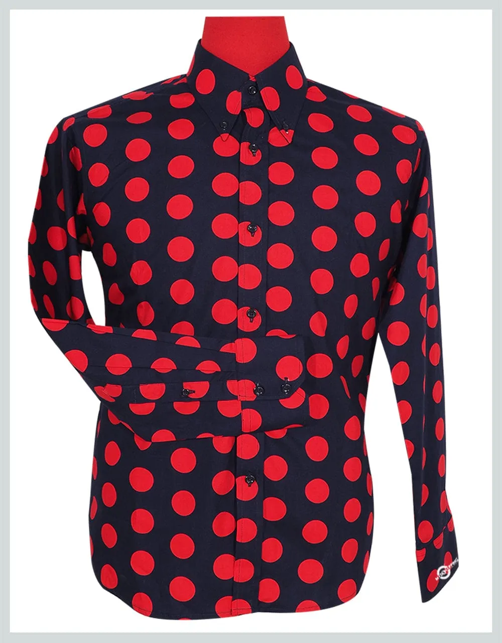 Navy Blue and Red Polka Dot Shirt