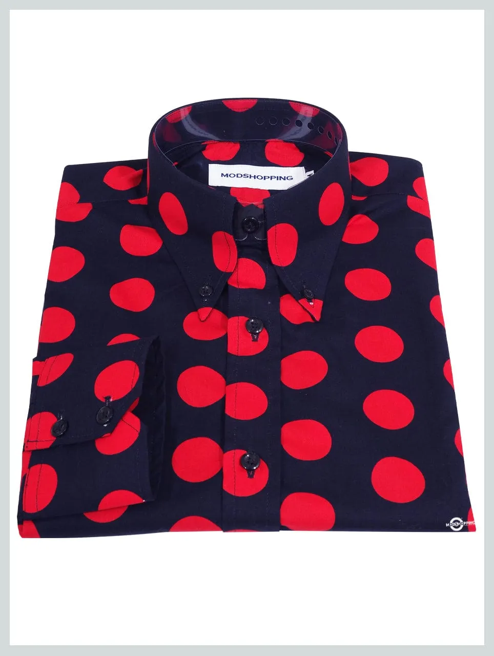 Navy Blue and Red Polka Dot Shirt