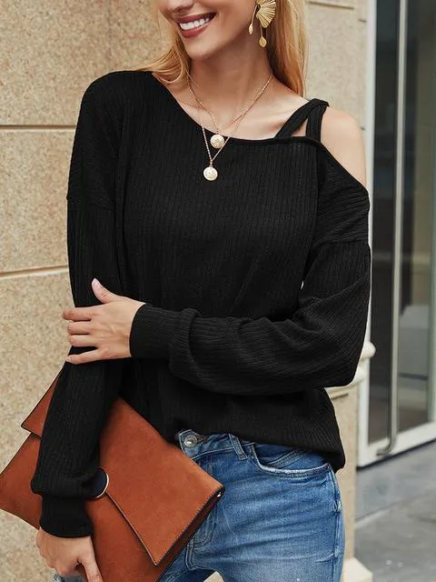 Solid Color Long Sleeved One Shoulder Top