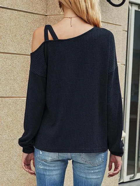Solid Color Long Sleeved One Shoulder Top