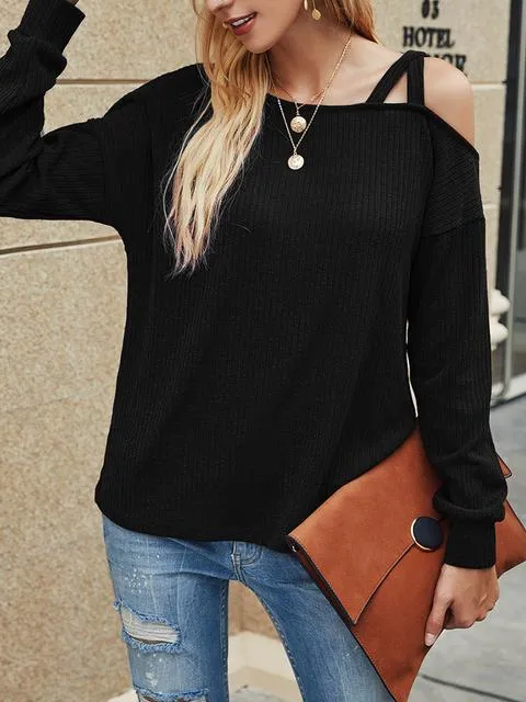 Solid Color Long Sleeved One Shoulder Top