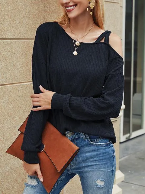 Solid Color Long Sleeved One Shoulder Top