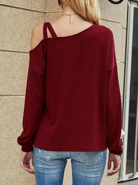 Solid Color Long Sleeved One Shoulder Top