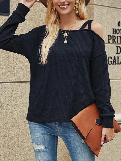 Solid Color Long Sleeved One Shoulder Top
