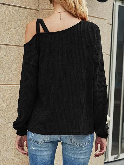 Solid Color Long Sleeved One Shoulder Top