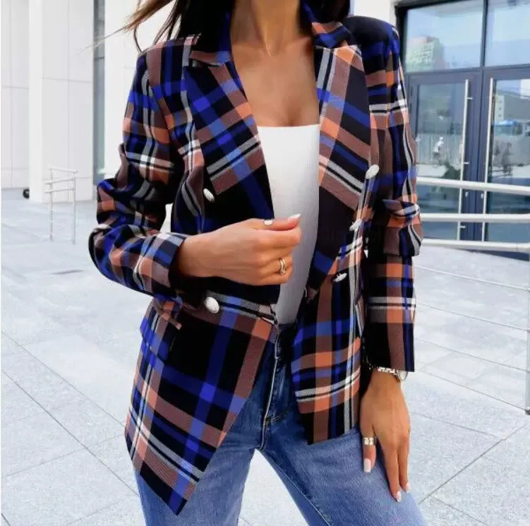 Total Styler Plaid Print Double-Breasted Blazer